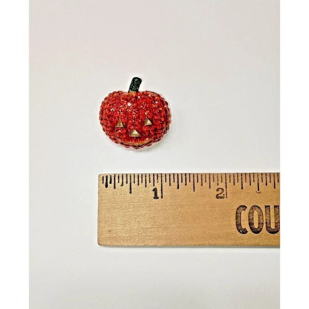 Orange Pumpkin Brooch Crystal Rhinestones Jack O Lantern Halloween Pin Sparkly